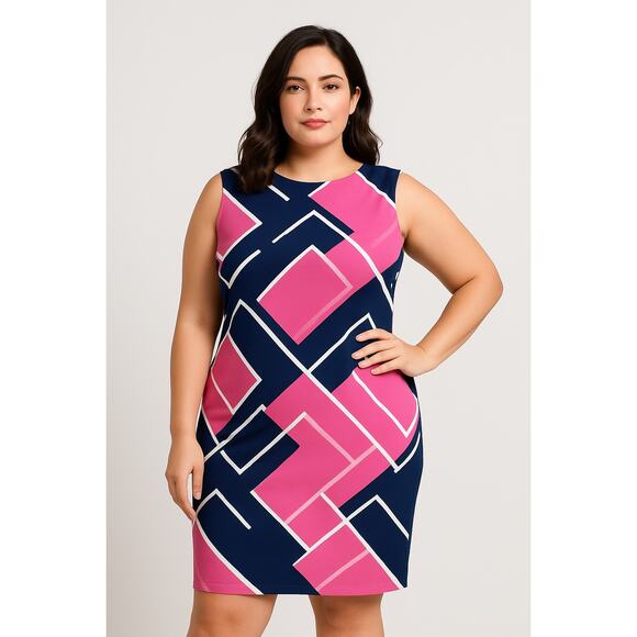 Vince Camuto Sheath Knee Dress 16 Women Pink Navy Geometric Print - Picture 1 of 7